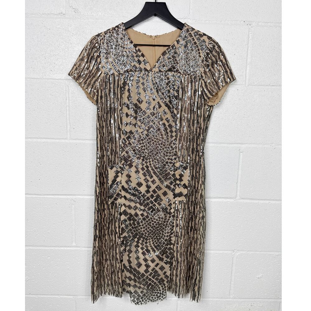 Anna Sui Sequin Dress‎ Womens Medium Nude Silver Geometric Fringe
